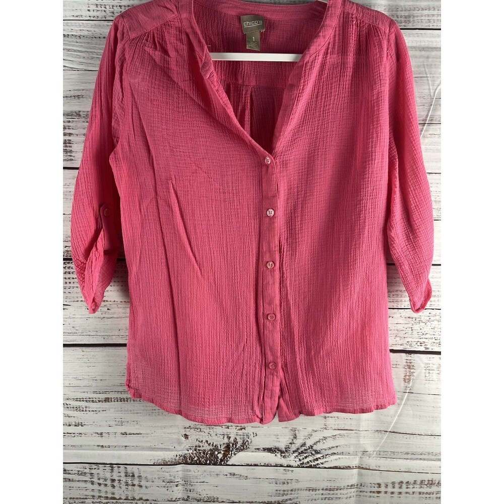 Chicos Button Up Shirt  Women’s 1 Pink 3/4 Sleeve Cotton Blend